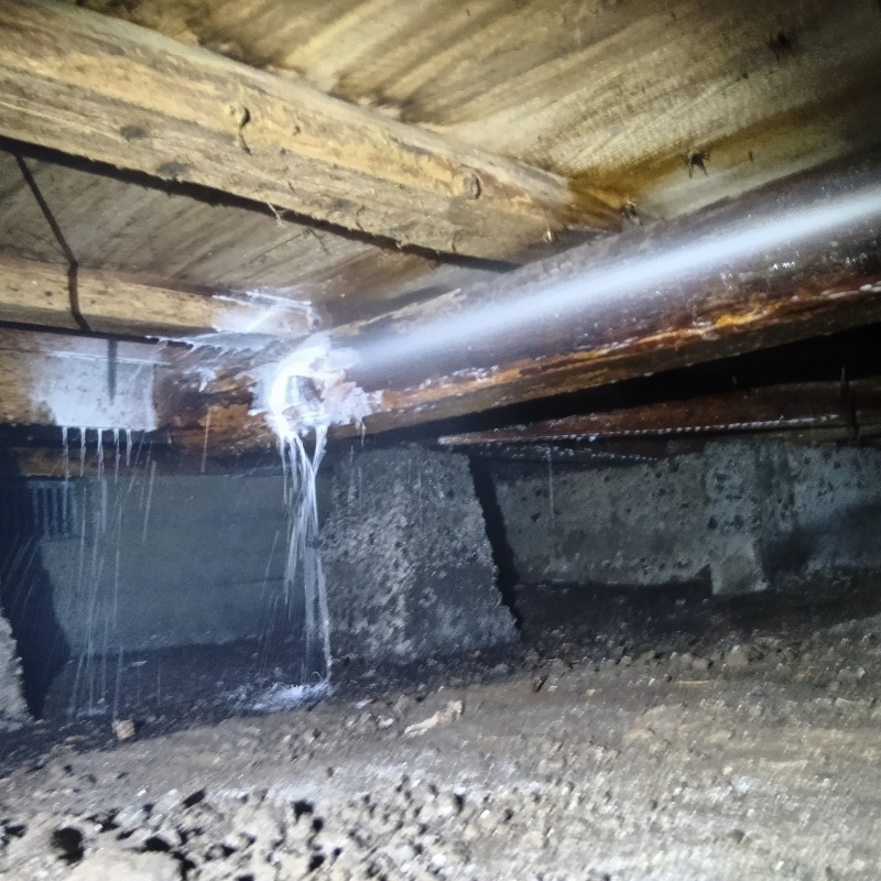 床下の木材にシロアリ駆除剤を散布