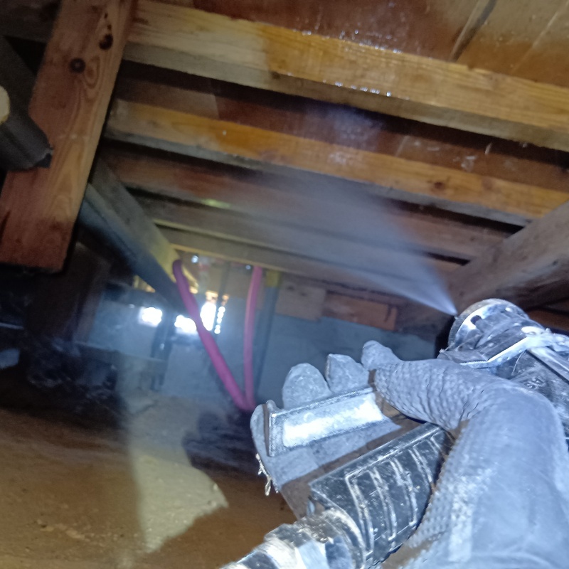 床下の木材にシロアリ駆除剤を散布