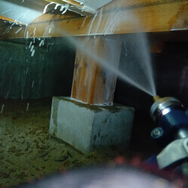 床下の木材にシロアリ駆除剤を散布