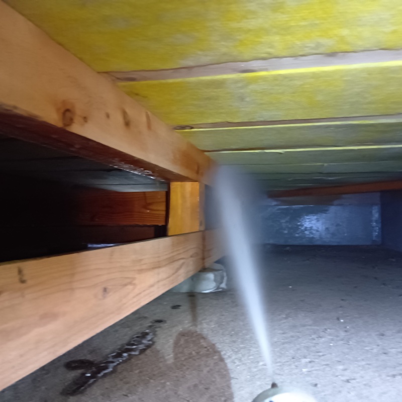 床下の木材にシロアリ駆除を散布する様子