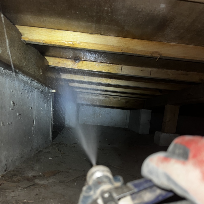 床下の木材に防蟻剤を散布する様子