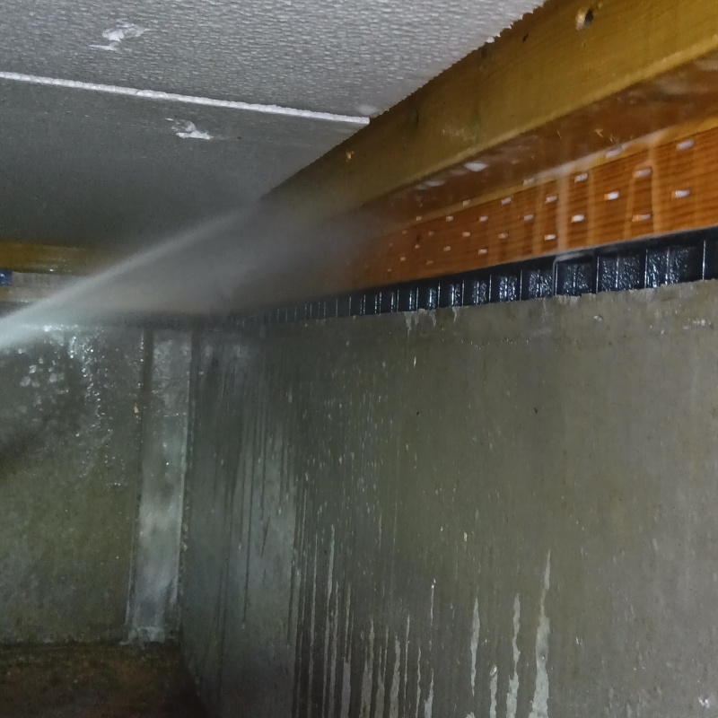 床下の木材に防蟻剤を散布する様子