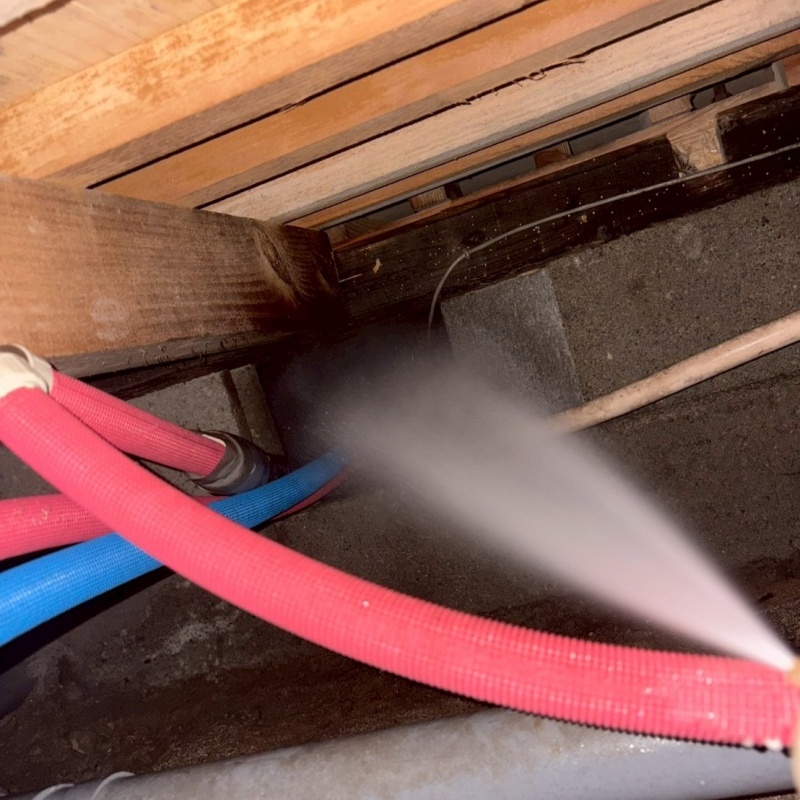 床下の木材にシロアリ駆除を散布する様子