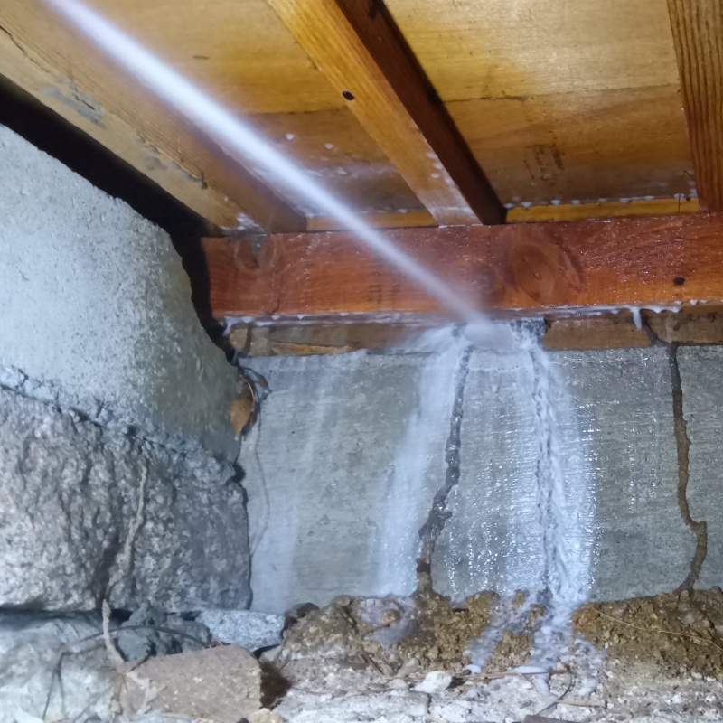 床下の木材にシロアリ駆除を散布する様子