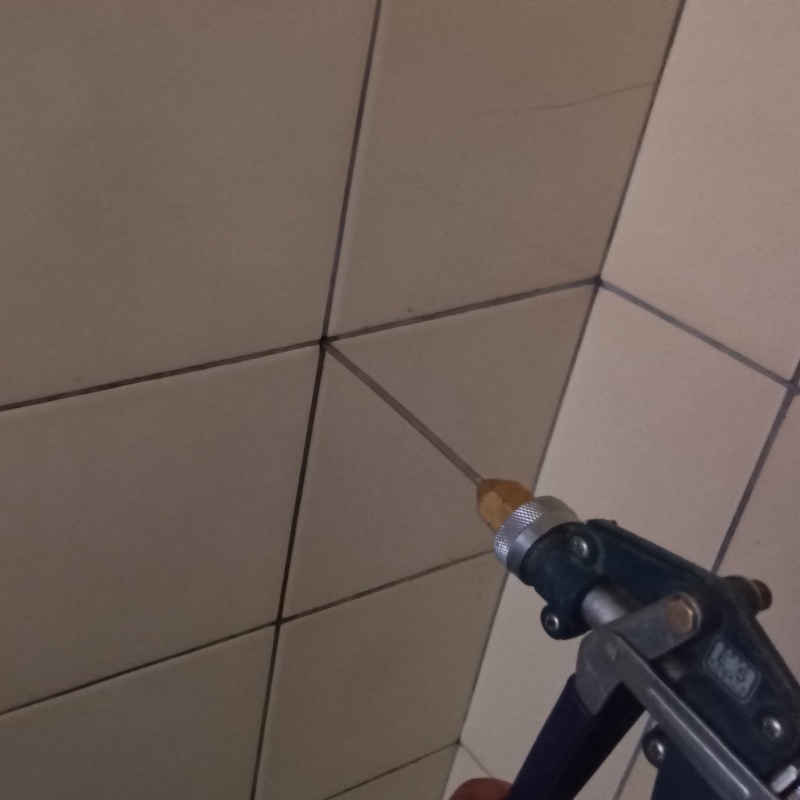 浴室の壁にシロアリ駆除を注入する様子