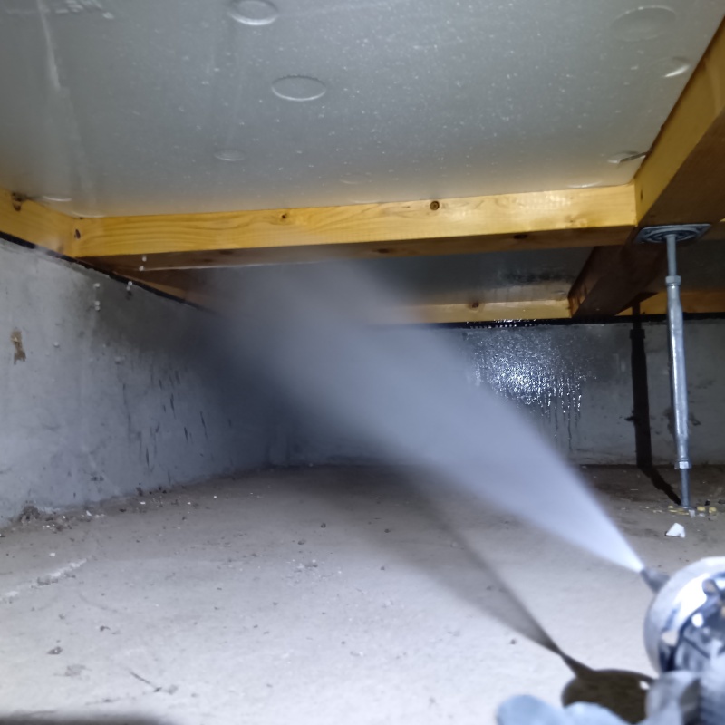 床下の木材に防蟻剤を散布する様子