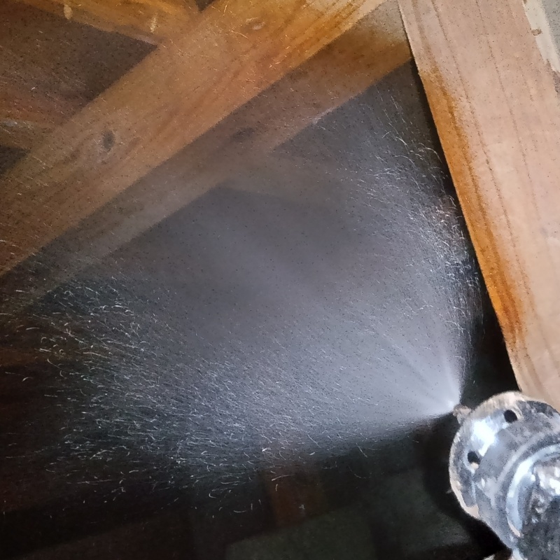 床下の木材にシロアリ駆除剤を散布する様子