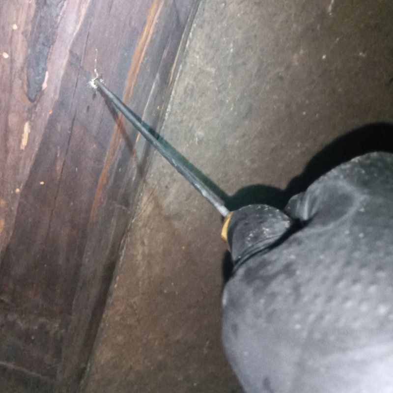 廊下の柱にシロアリ駆除を注入する様子