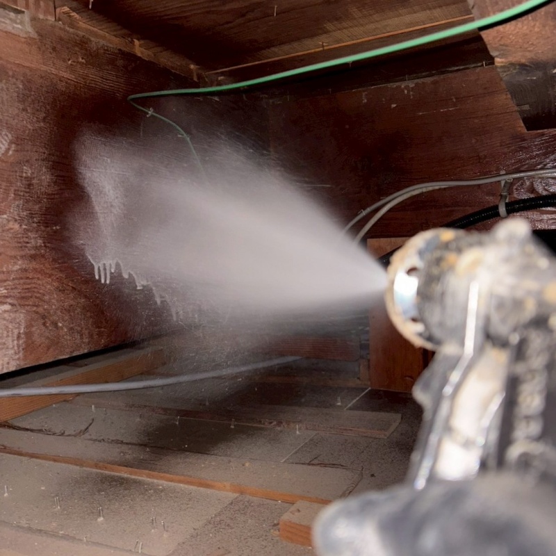 床下の木材にシロアリ駆除剤を散布する様子