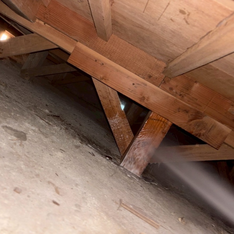 床下の木材にシロアリ駆除剤を散布する様子