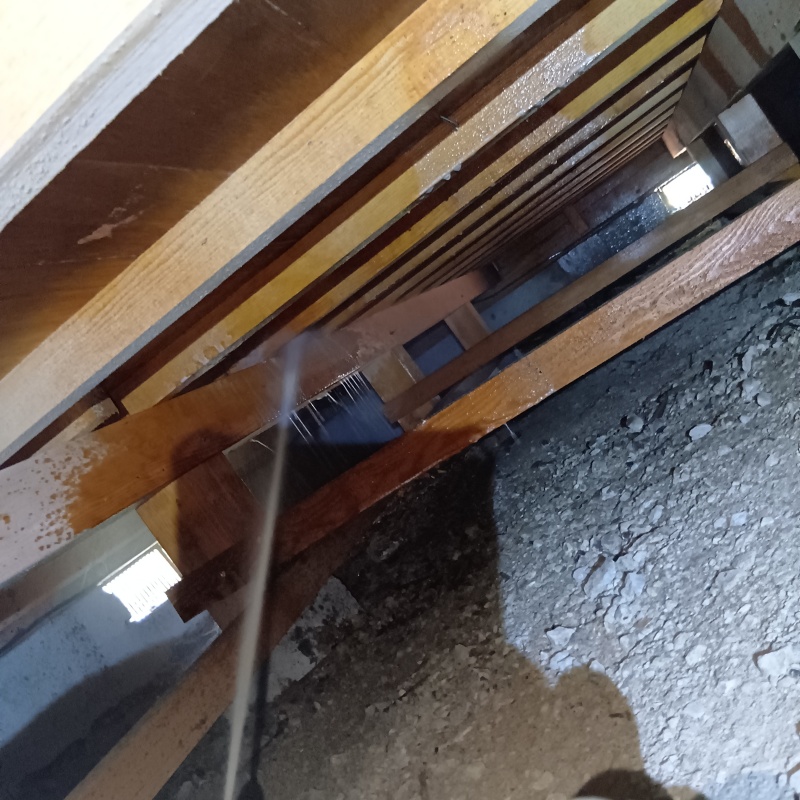 床下の木材に防蟻剤を散布する様子