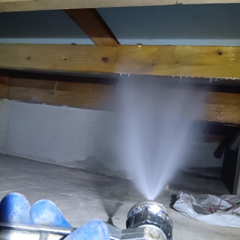 床下の木材にシロアリ駆除剤を散布する様子