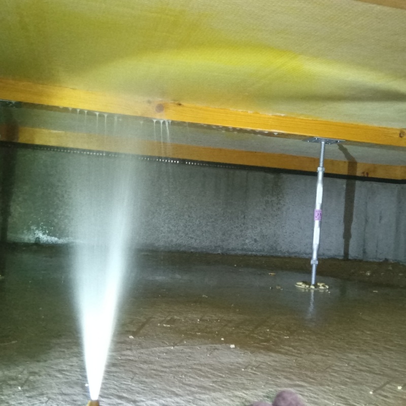 床下の木材に防蟻剤を散布する様子