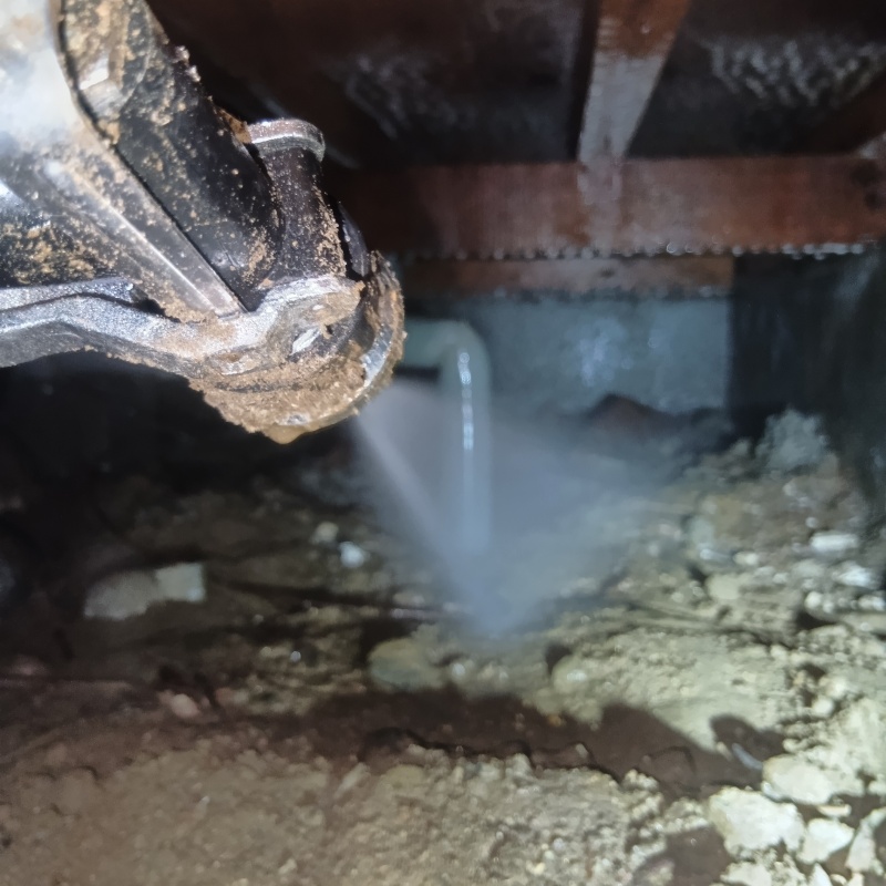 床下の土壌にシロアリ駆除剤を散布する様子