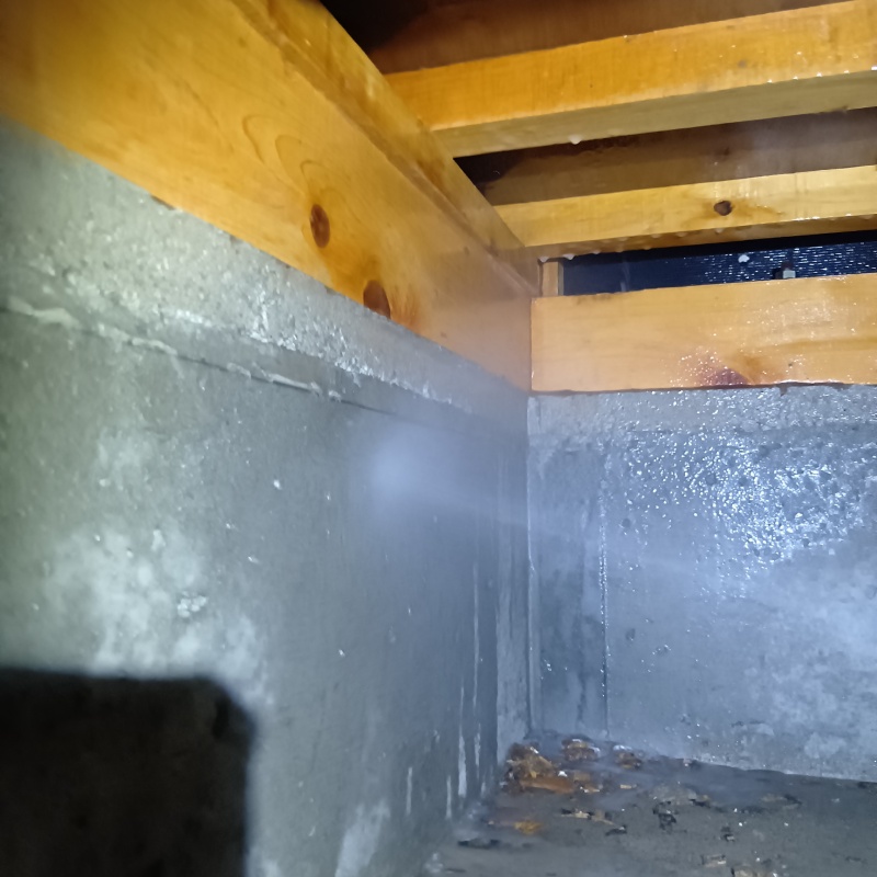 床下の基礎部分にシロアリ駆除剤を散布する様子