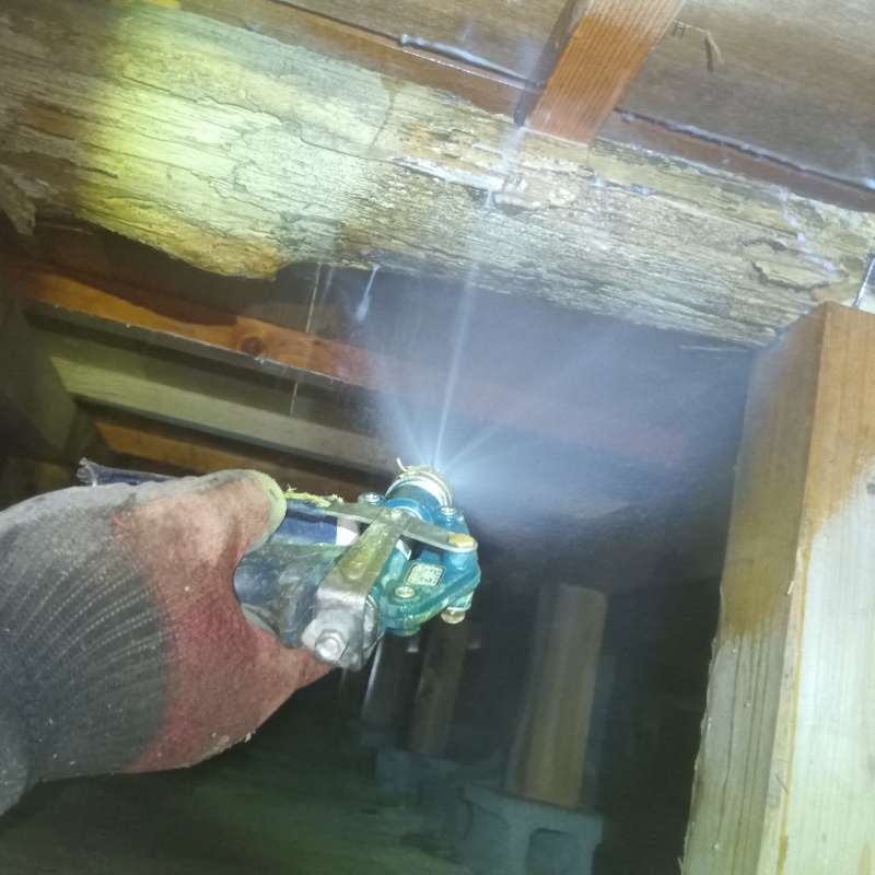 床下の木材に防蟻剤を散布する様子