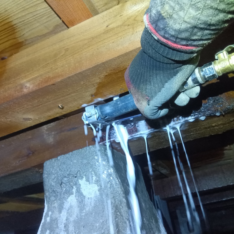 床下の木材に防蟻剤を散布する様子