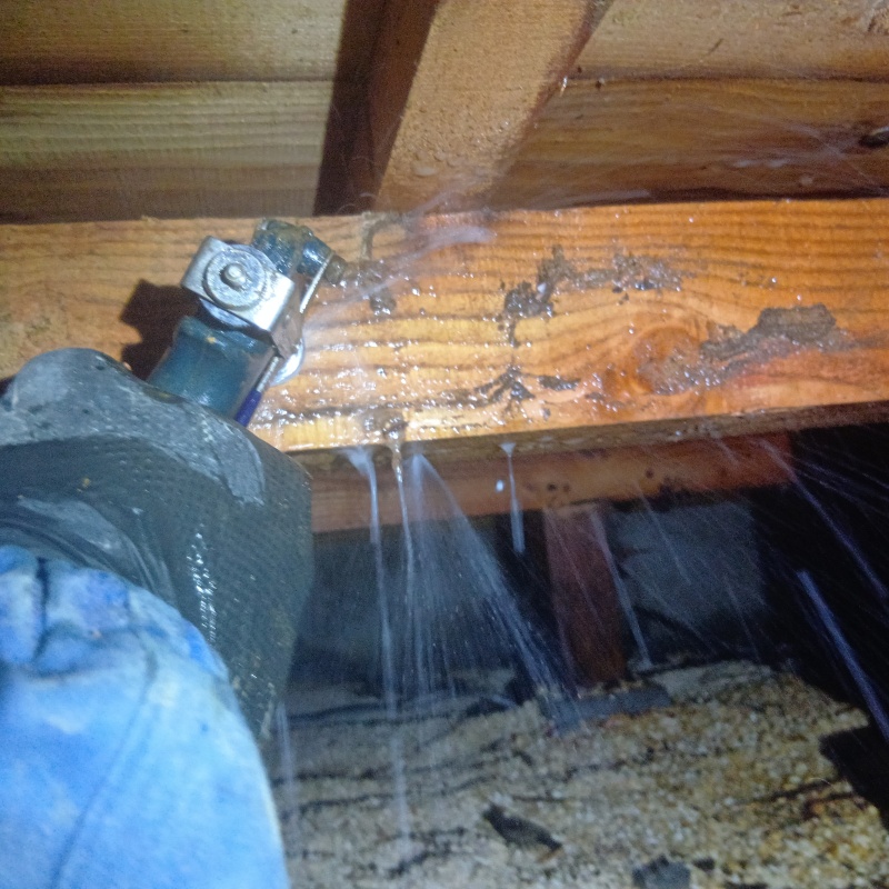 食害を受けた床下の木材にシロアリ駆除剤を散布する様子