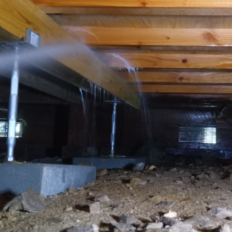 床下の木材にシロアリ駆除剤を散布する様子