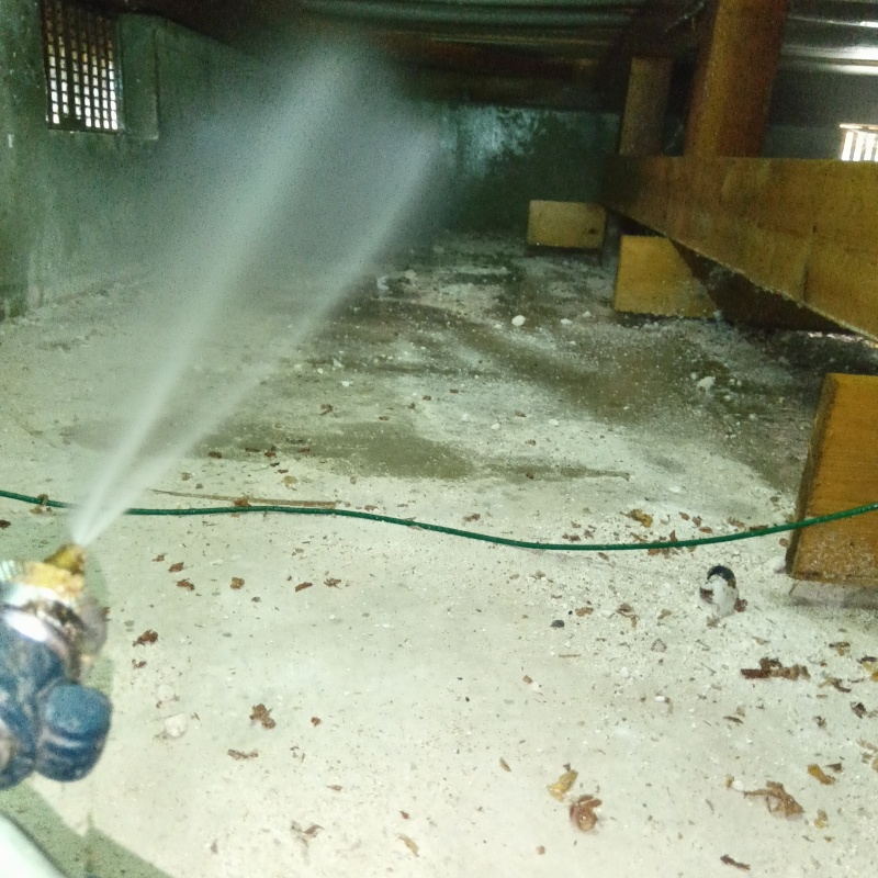 床下の土壌にシロアリ駆除剤を散布する様子