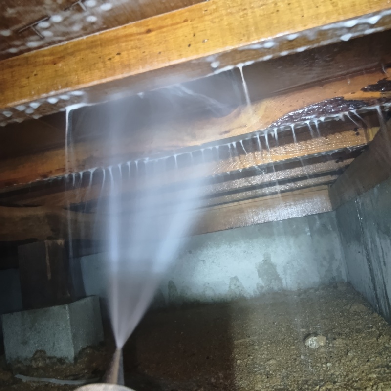 床下の木材にシロアリ駆除剤を散布する様子