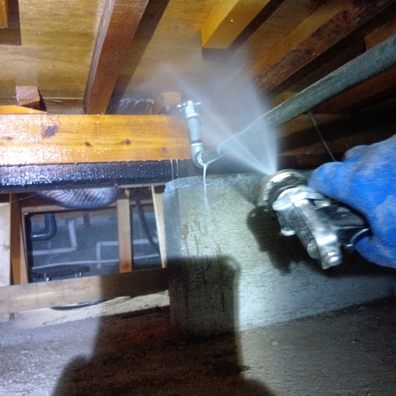 床下の木材に防蟻剤を散布する様子