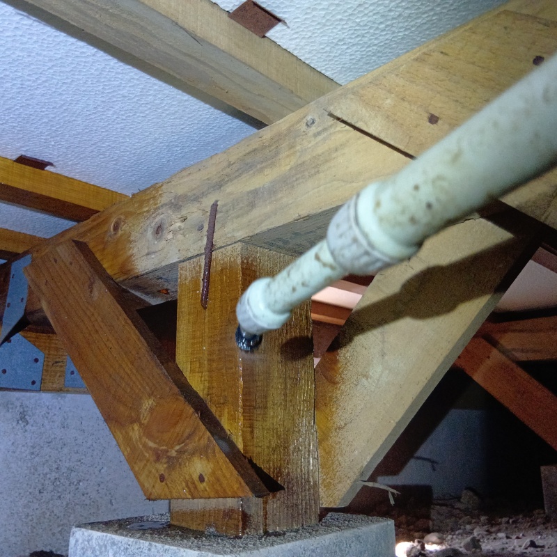 床下の木材に防蟻剤を散布する様子