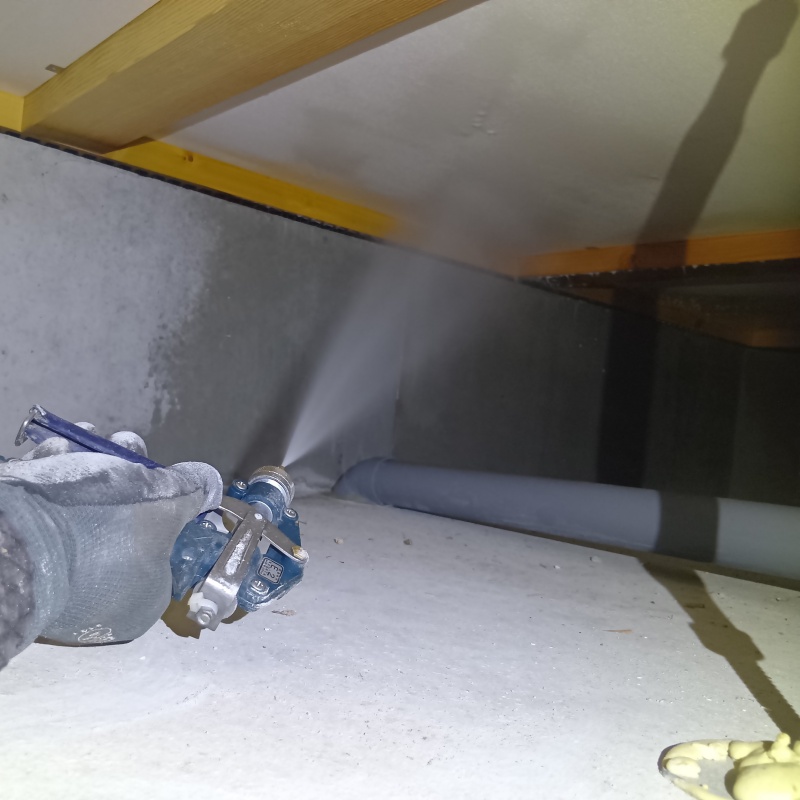 床下の木材に防蟻剤を散布する様子