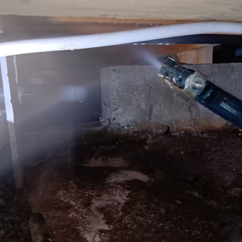 床下の木材に防蟻剤を散布する様子