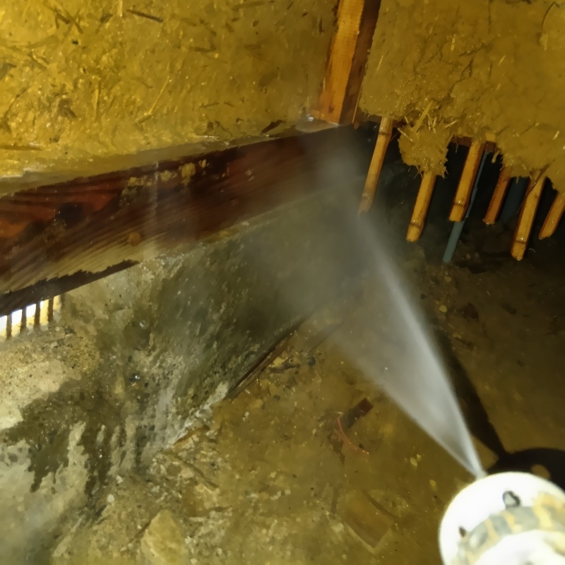 床下の木材に防蟻剤を散布する様子