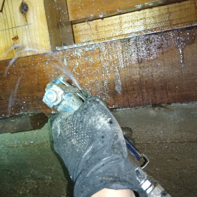 床下の木材にシロアリ駆除剤を散布する様子