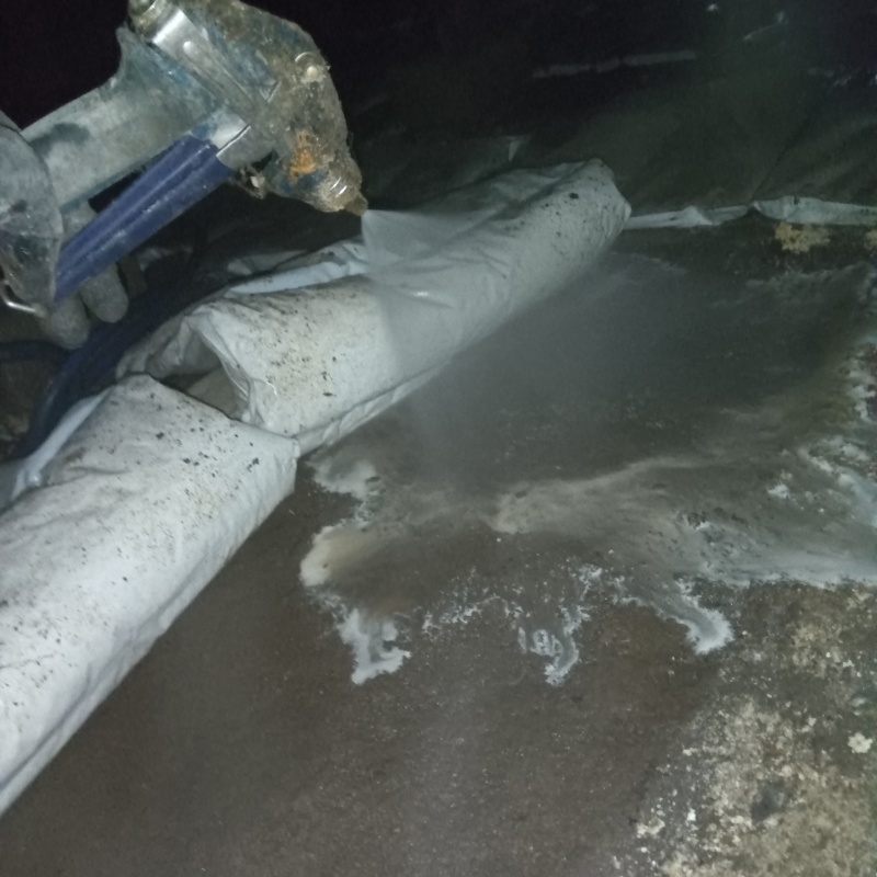 床下の土壌にシロアリ駆除剤を散布する様子