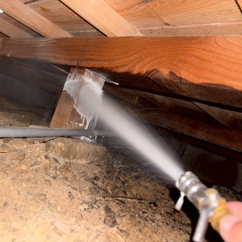 床下の木材に防蟻剤を散布する様子