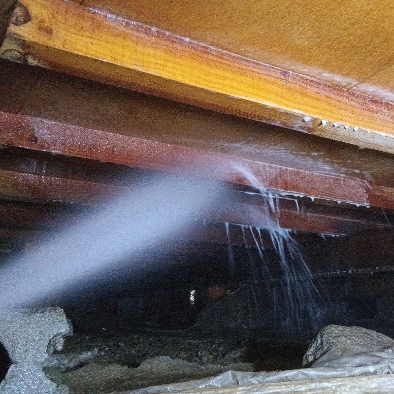 床下の木材にシロアリ駆除剤を散布する様子