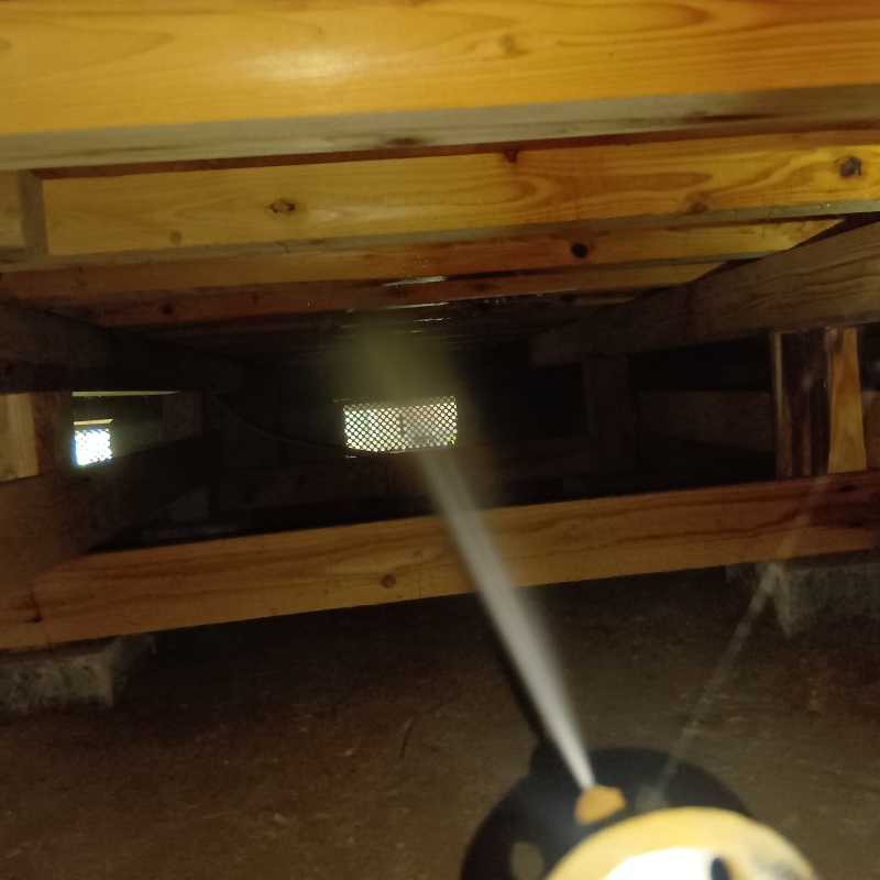 床下の基礎部分にシロアリ駆除剤を散布する様子