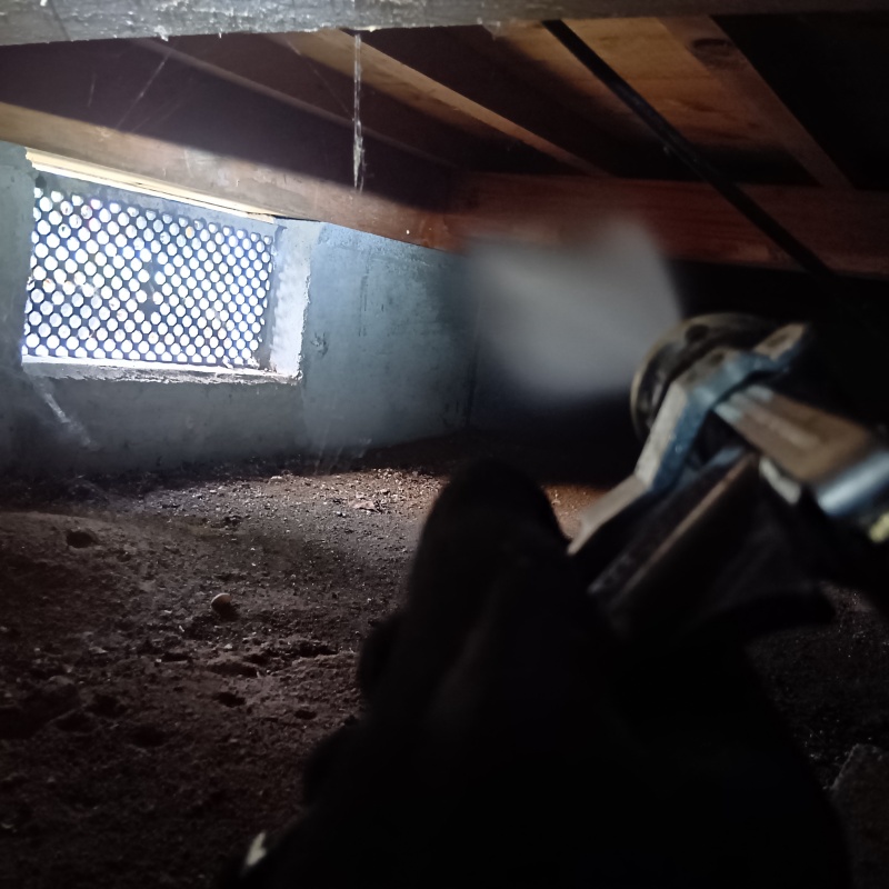 床下の基礎部分にシロアリ駆除剤を散布する様子