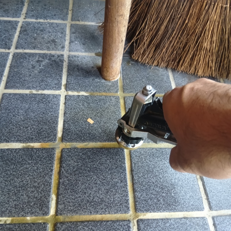 玄関の床にシロアリ駆除剤を注入する様子