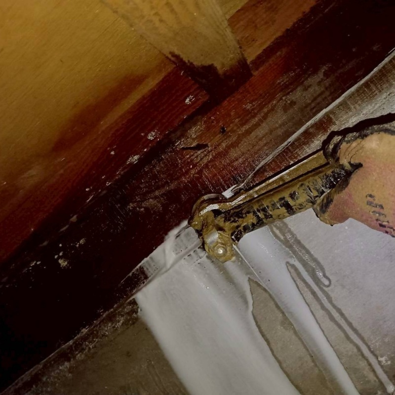 床下の木材にシロアリ駆除剤を散布する様子