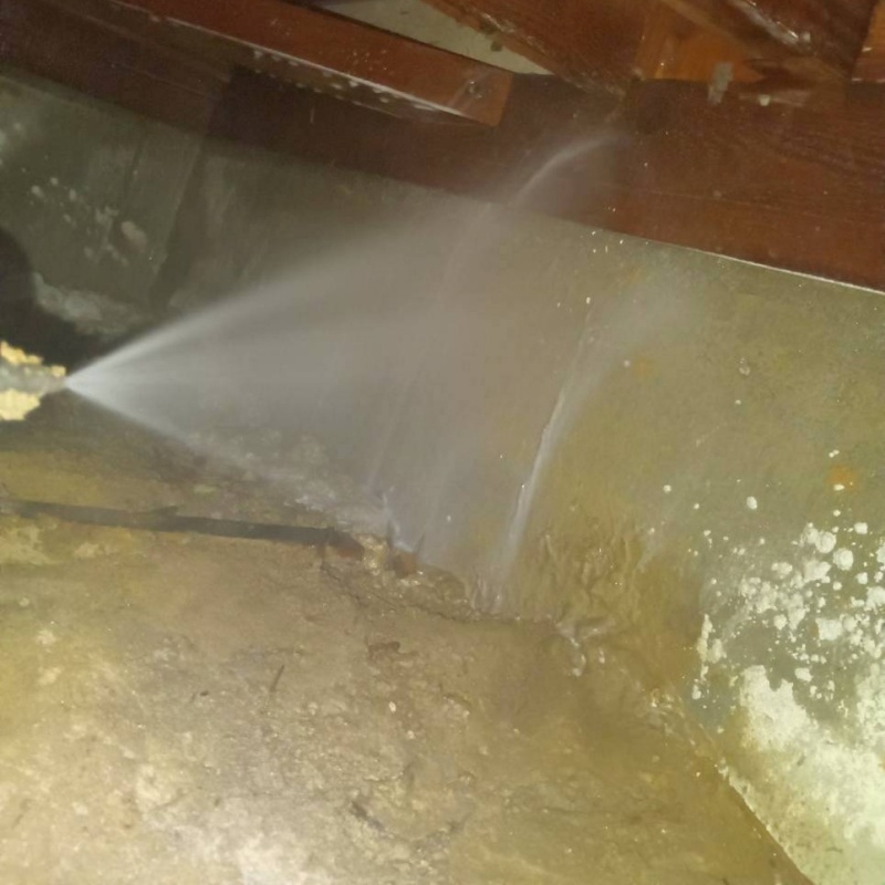 床下の基礎部分にシロアリ駆除剤を散布する様子