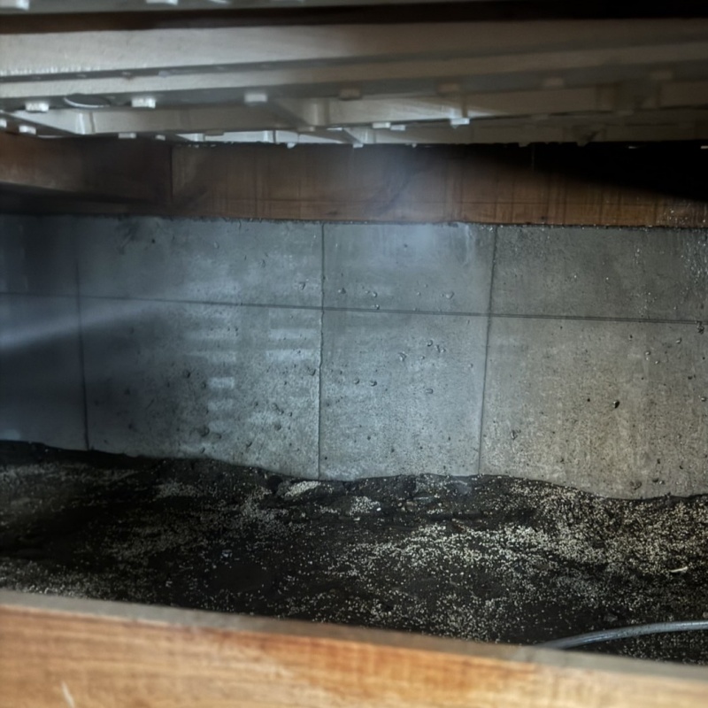 床下の基礎部分にシロアリ駆除剤を散布する様子