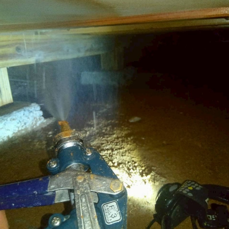 床下木材に防蟻剤を吹き付ける様子