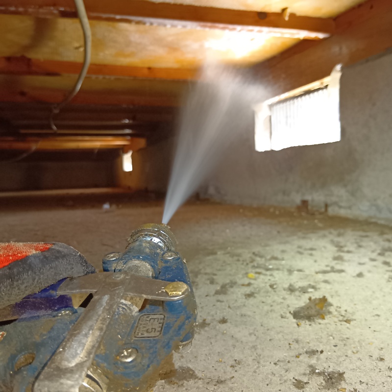 床下の木材にシロアリ駆除剤を散布