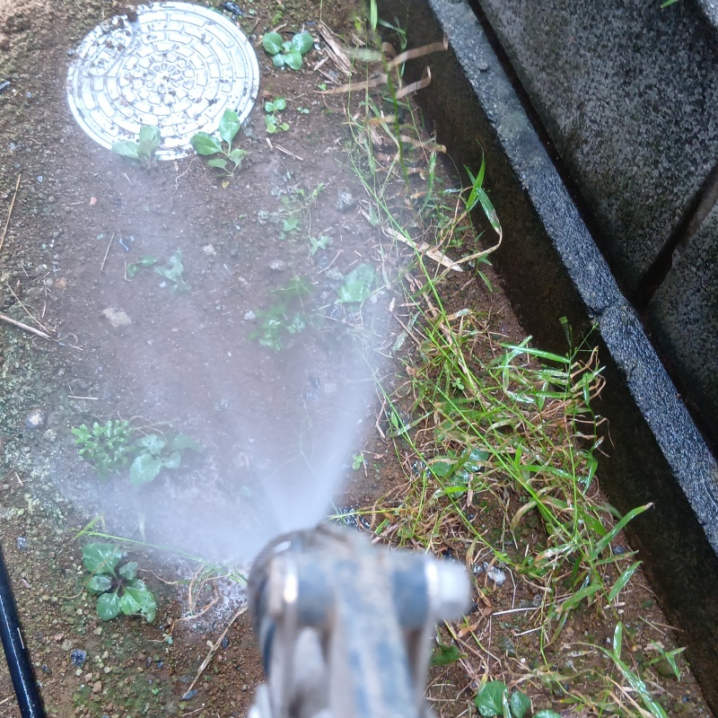 屋外の地面にシロアリ駆除剤を散布