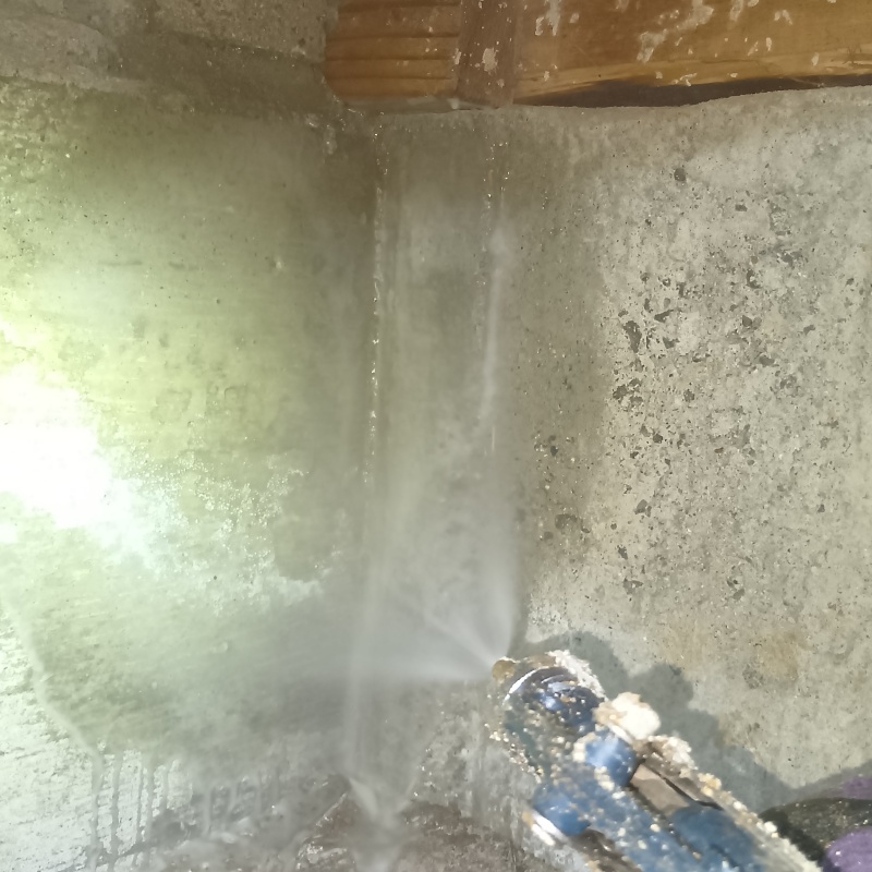 基礎にシロアリ駆除剤を吹きつける様子