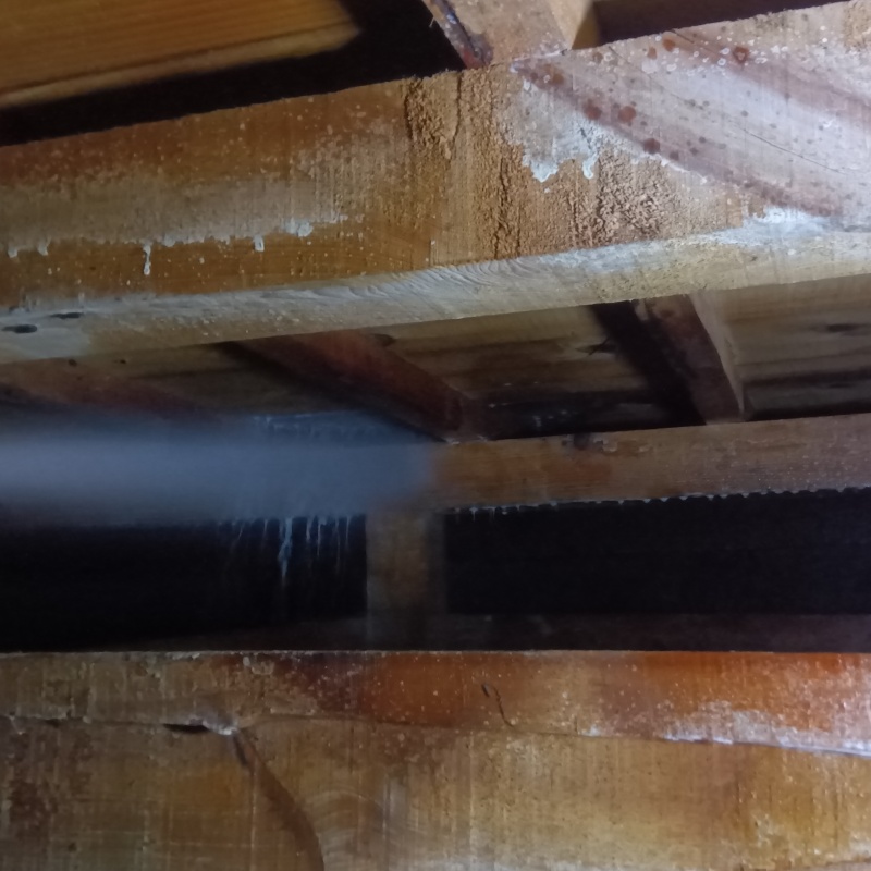 床下木材にシロアリ駆除剤を吹きつける様子