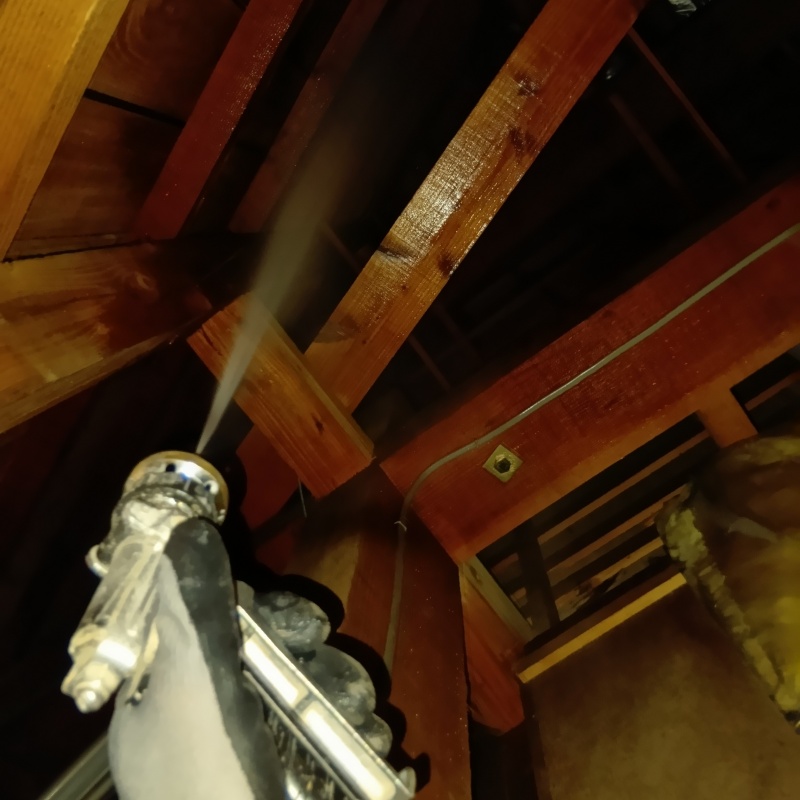 屋根裏にシロアリ駆除剤を散布