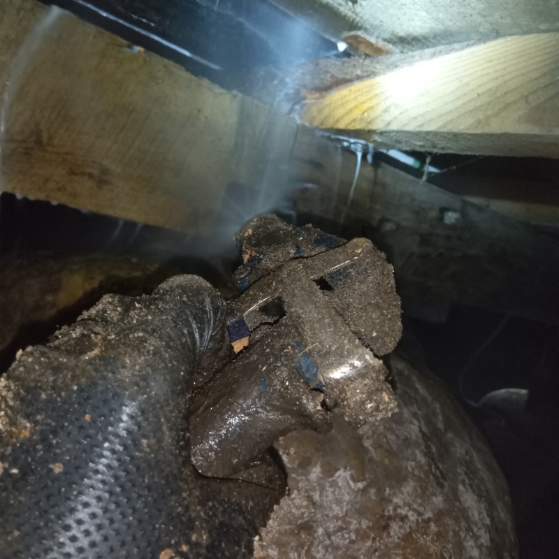 床下木材にシロアリ駆除剤を吹きつける様子