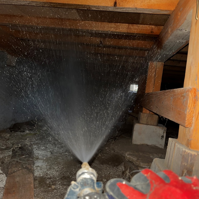 床下の木材にシロアリ駆除剤を散布