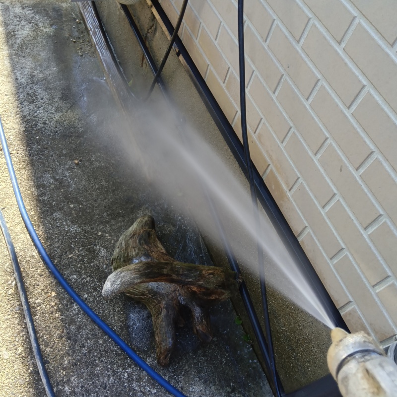 屋外の地面にシロアリ駆除剤を散布