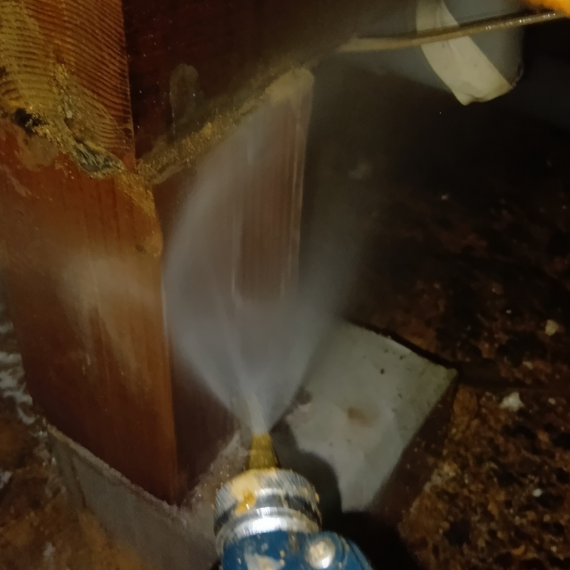 床下木材にシロアリ駆除剤を吹きつける様子